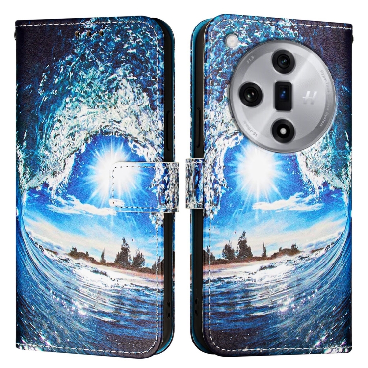 

For OPPO Find X7 Colored Drawing Pattern Plain Weave Leather Phone Case(Waves And Sun)