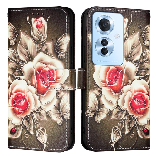 

For OPPO Reno 11F 5G Global Colored Drawing Pattern Plain Weave Leather Phone Case(Roses On Black)