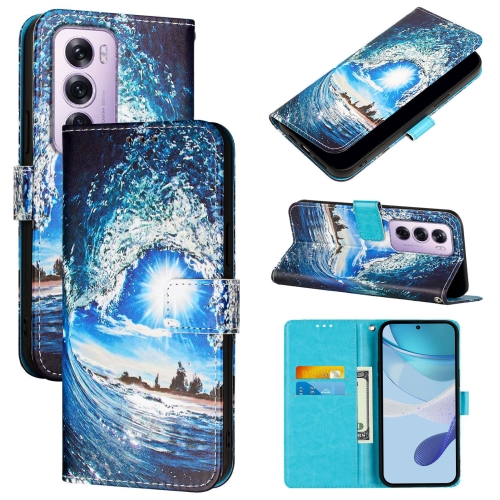 

For OPPO Reno12 Pro Global Colored Drawing Pattern Plain Weave Leather Phone Case(Waves And Sun)