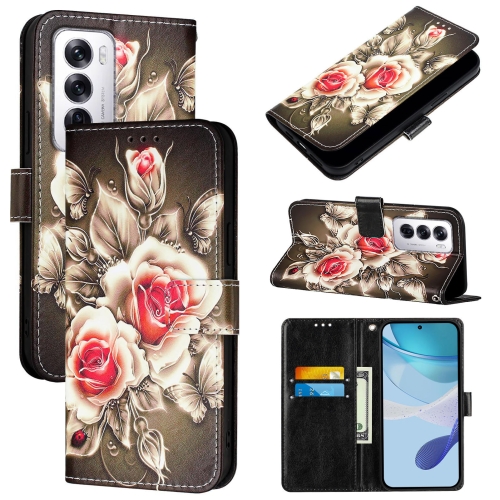 

For OPPO Reno12 Global Colored Drawing Pattern Plain Weave Leather Phone Case(Roses On Black)