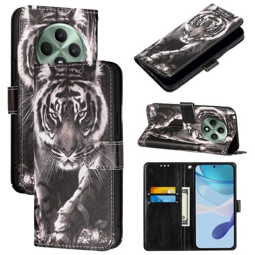 

For OPPO Reno12 F Global Colored Drawing Pattern Plain Weave Leather Phone Case(Black And White Tiger)