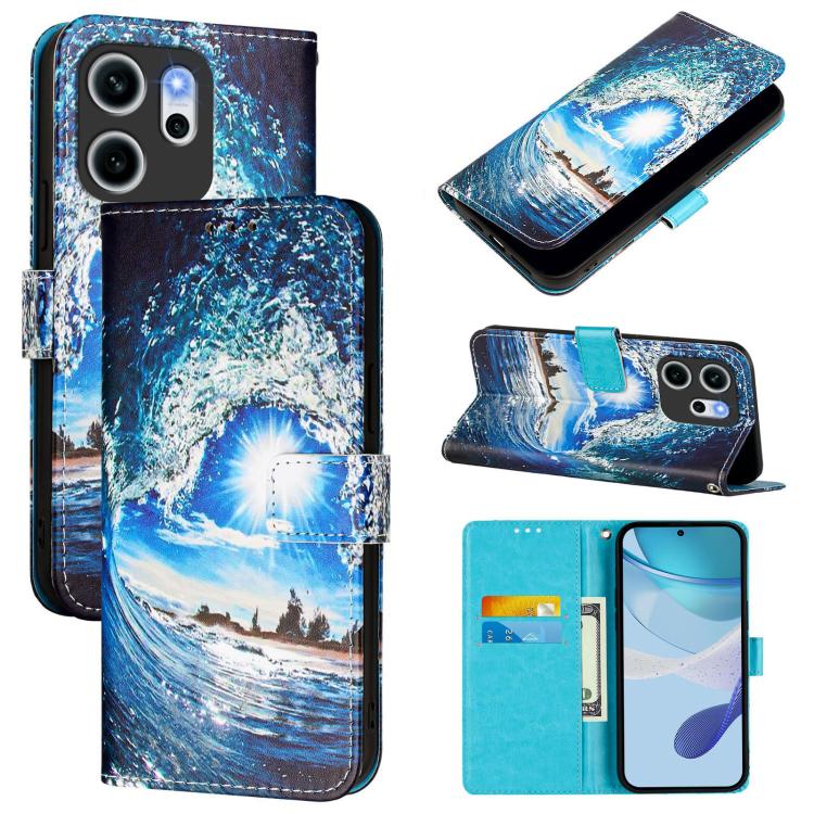 

For OPPO Reno14 F 5G Colored Drawing Pattern Plain Weave Leather Phone Case(Waves And Sun)