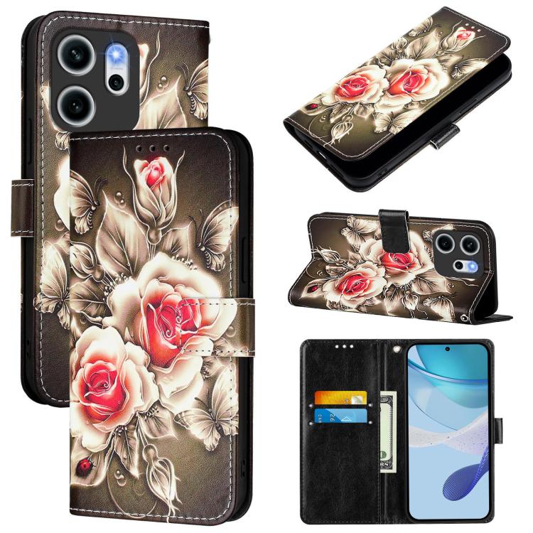 

For OPPO Reno14 F 5G Colored Drawing Pattern Plain Weave Leather Phone Case(Roses On Black)