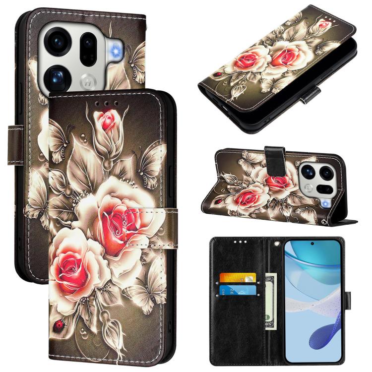 

For OPPO Find X9 Pro Colored Drawing Pattern Plain Weave Leather Phone Case(Roses On Black)
