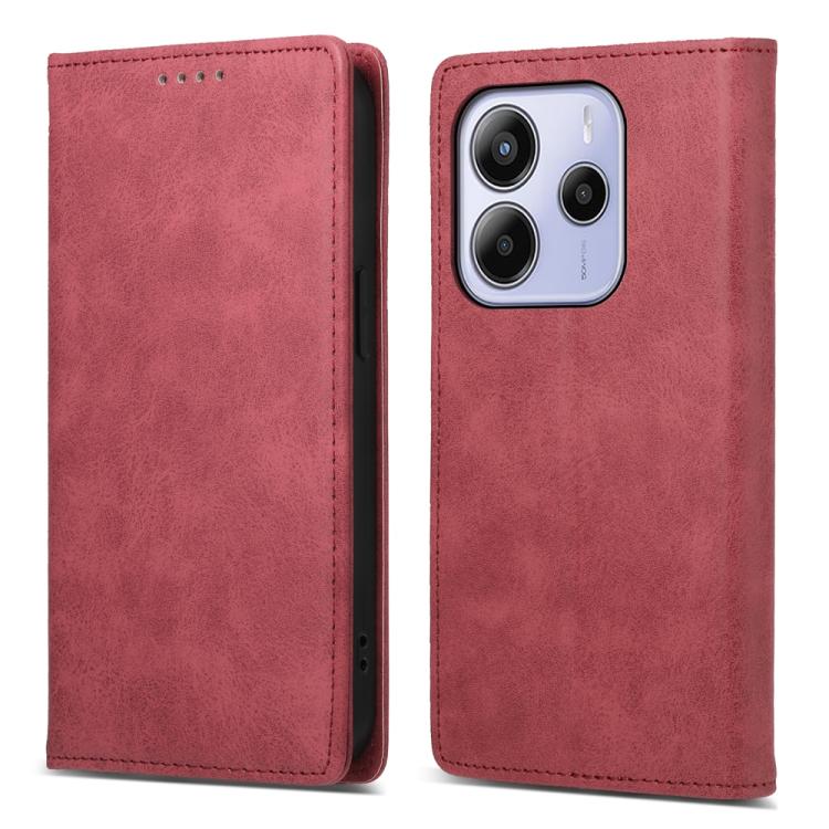 

For Redmi Note 14 4G 164.84mm Business Solid Color Magnetic RFID Leather Phone Case(Red)