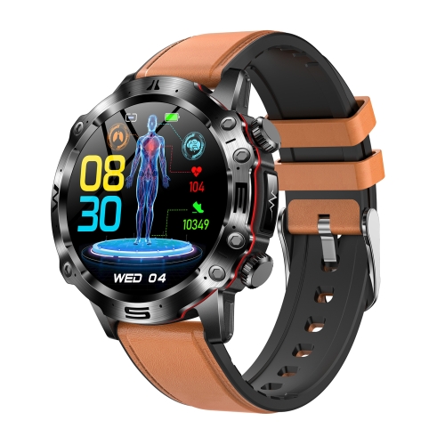 ET482 1.43 inch AMOLED Screen Sports Smart Watch Support Bluethooth Call / ECG Function(Brown Leather Band)