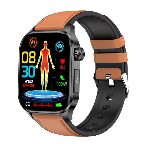 ET580 2.04 inch AMOLED Screen Sports Smart Watch Support Bluethooth Call / ECG Function(Brown Leather Band)