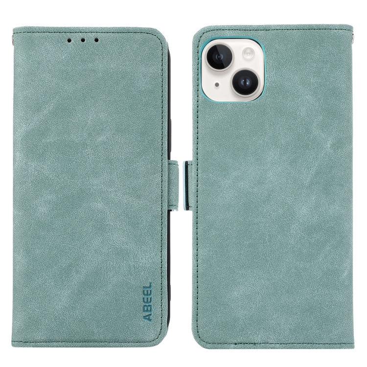 

For iPhone 15 Plus ABEEL Frosted Magnetic RFID Leather Phone Case(Cyan)