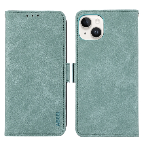 

For iPhone 14 Plus ABEEL Frosted Magnetic RFID Leather Phone Case(Cyan)