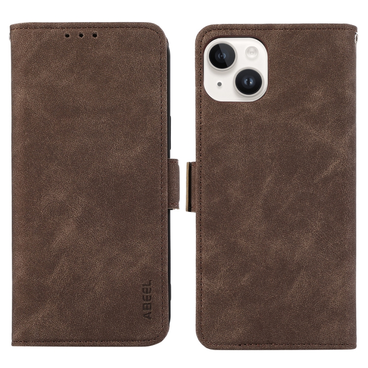 

For iPhone 14 Plus ABEEL Frosted Magnetic RFID Leather Phone Case(Brown)