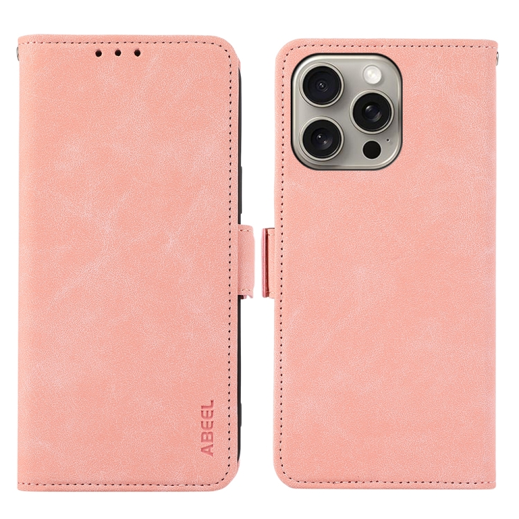 

For iPhone 14 Pro ABEEL Frosted Magnetic RFID Leather Phone Case(Pink)