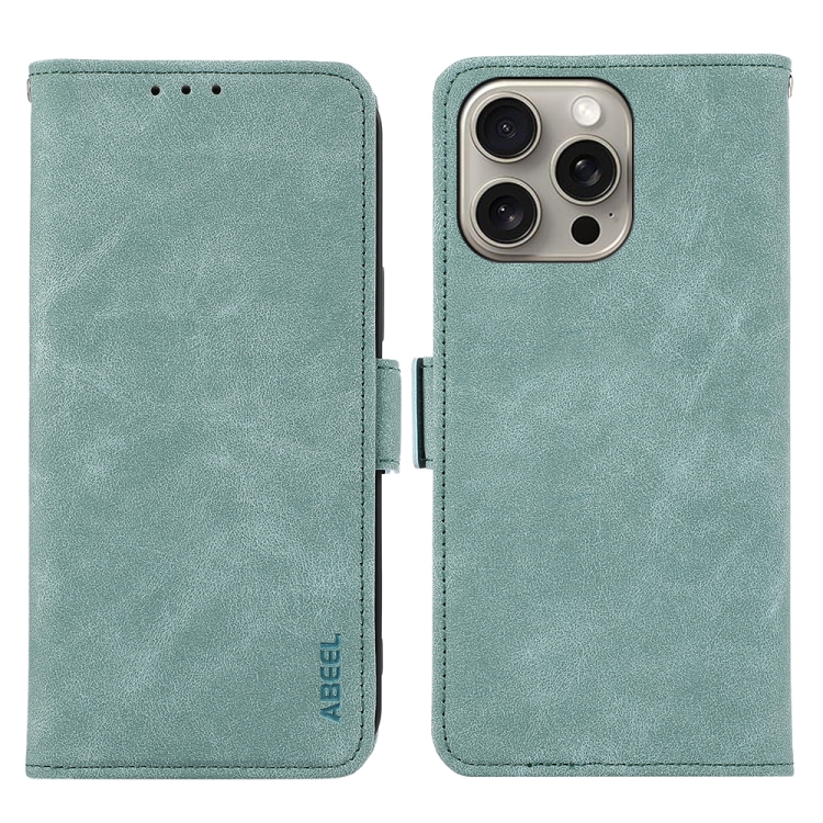 

For iPhone 14 Pro ABEEL Frosted Magnetic RFID Leather Phone Case(Cyan)