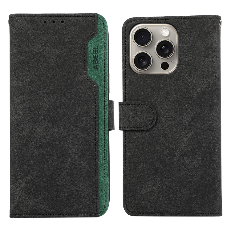 

For iPhone 15 Pro Max ABEEL Color Block Magnetic RFID Leather Phone Case(Black-Green)