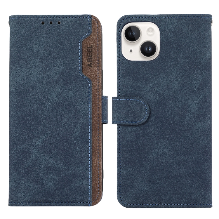 

For iPhone 15 Plus ABEEL Color Block Magnetic RFID Leather Phone Case(Blue-Brown)