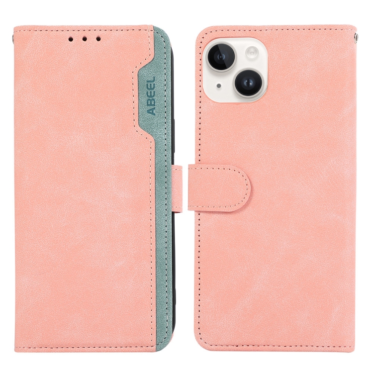 

For iPhone 15 ABEEL Color Block Magnetic RFID Leather Phone Case(Pink-Cyan)