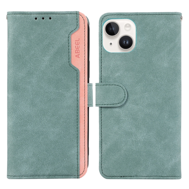 

For iPhone 14 ABEEL Color Block Magnetic RFID Leather Phone Case(Cyan-Pink)