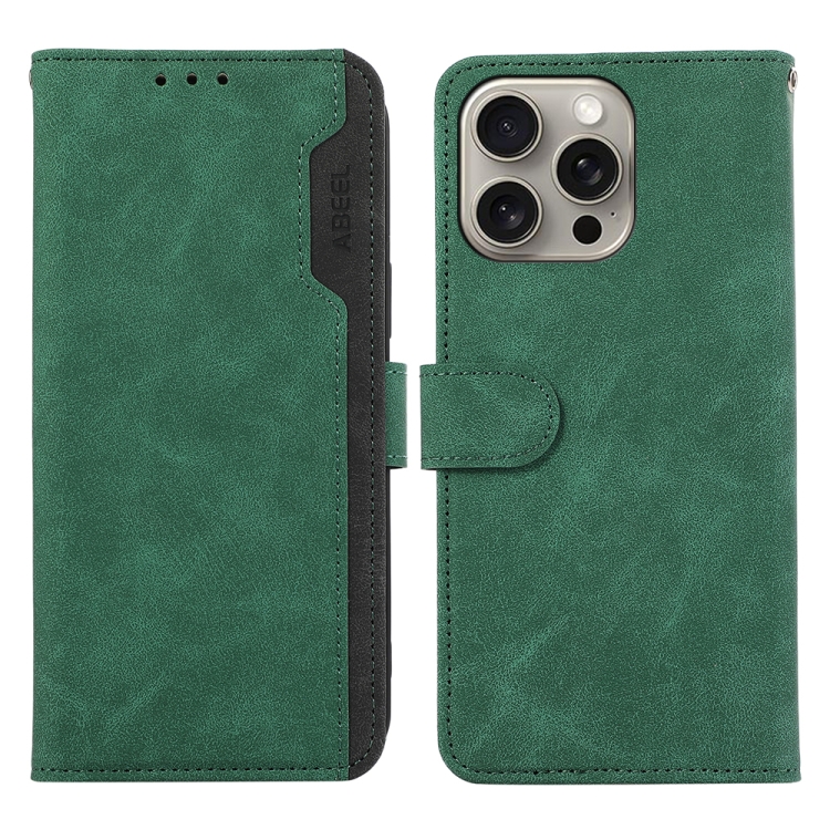 

For iPhone 14 Pro Max ABEEL Color Block Magnetic RFID Leather Phone Case(Green-Black)