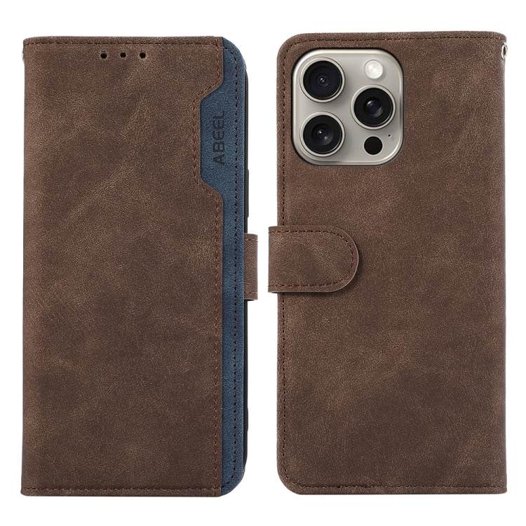 

For iPhone 13 Pro Max ABEEL Color Block Magnetic RFID Leather Phone Case(Brown-Blue)