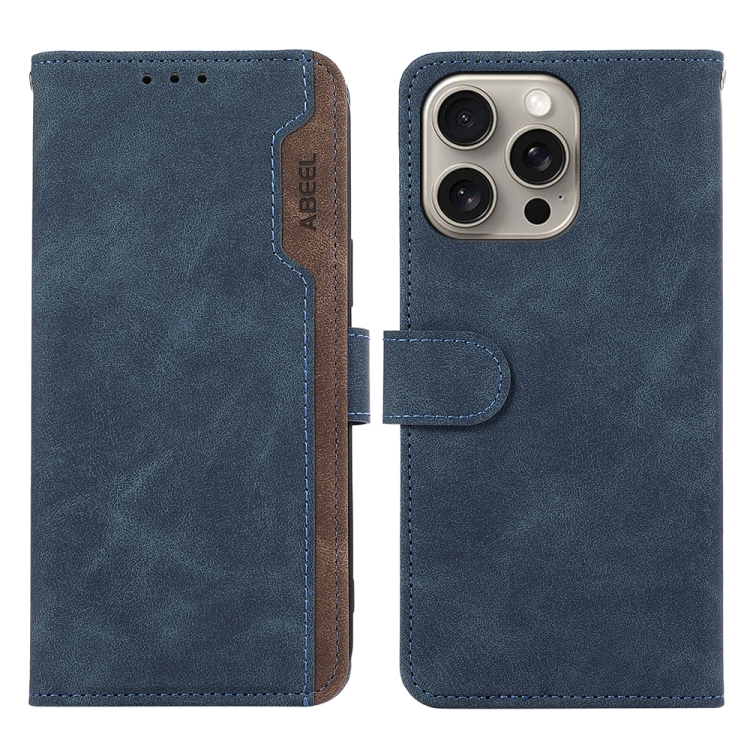 

For iPhone 13 Pro ABEEL Color Block Magnetic RFID Leather Phone Case(Blue-Brown)