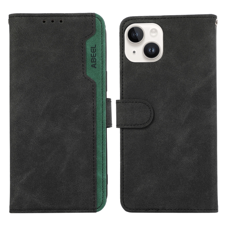 

For iPhone 13 ABEEL Color Block Magnetic RFID Leather Phone Case(Black-Green)