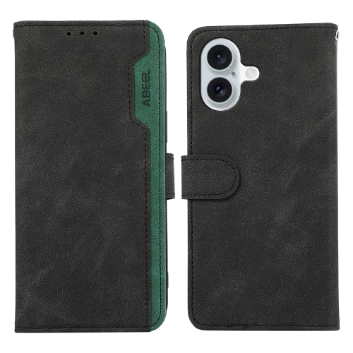 

For iPhone 16 Plus ABEEL Color Block Magnetic RFID Leather Phone Case(Black-Green)