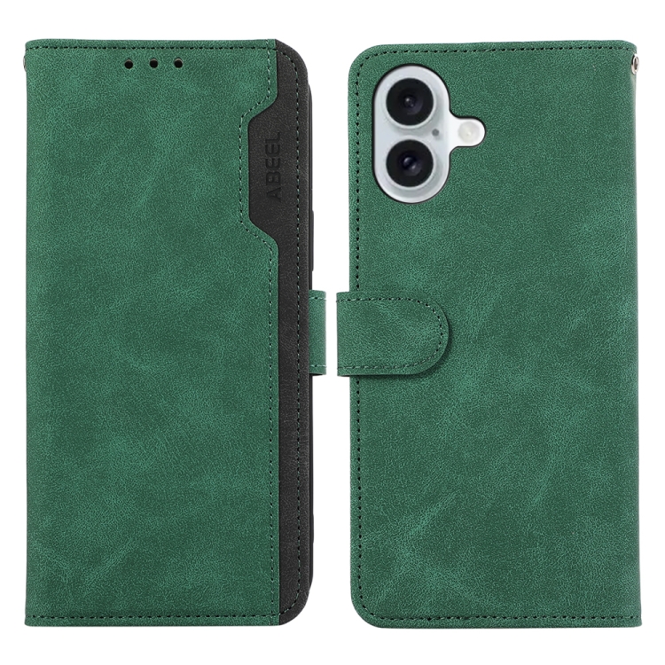 

For iPhone 16 Plus ABEEL Color Block Magnetic RFID Leather Phone Case(Green-Black)