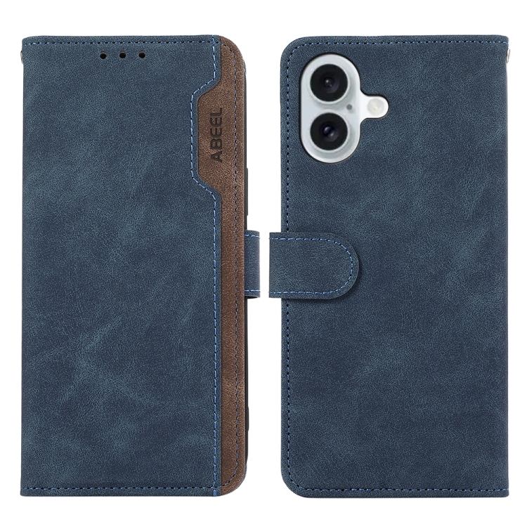 

For iPhone 16 ABEEL Color Block Magnetic RFID Leather Phone Case(Blue-Brown)