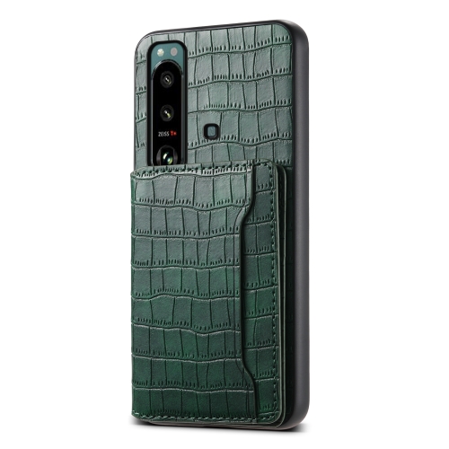 

For Sony Xperia 5 III Crocodile Texture Card Bag Design Full Coverage Phone Case(Green)