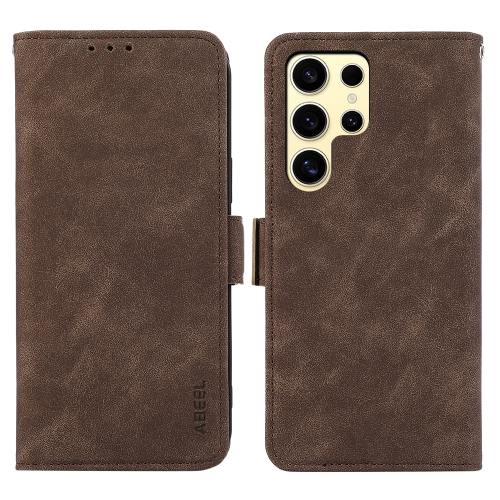For Samsung Galaxy S24 Ultra 5G ABEEL Frosted Magnetic RFID Leather Phone Case(Brown) for samsung galaxy a15 khazneh custer genuine leather rfid phone case black