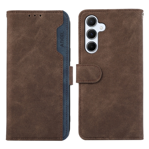 

For Samsung Galaxy S23 FE 5G ABEEL Color Block Magnetic RFID Leather Phone Case(Brown-Blue)