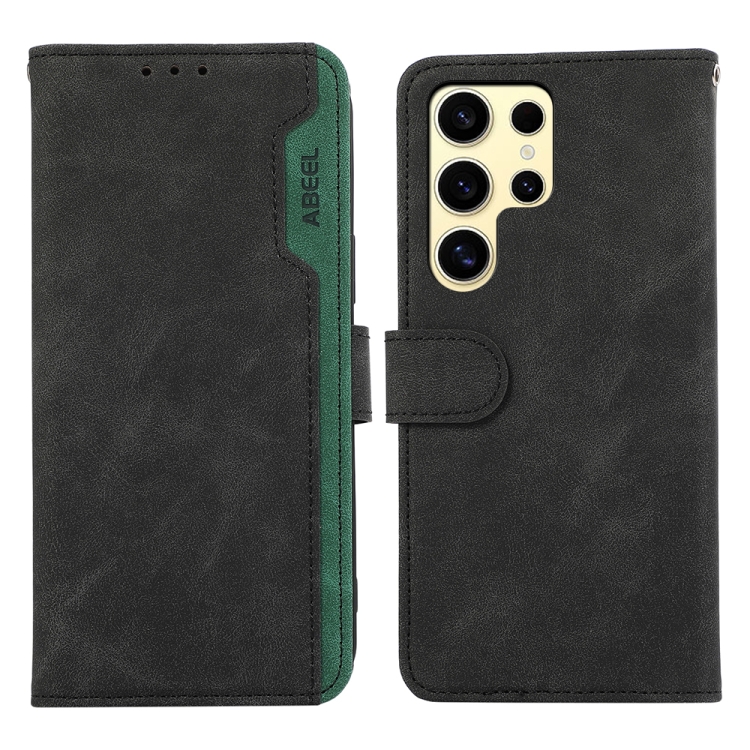 

For Samsung Galaxy S22 Ultra 5G ABEEL Color Block Magnetic RFID Leather Phone Case(Black-Green)