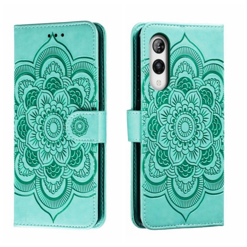 For Rakuten Hand 5G Sun Mandala Embossing Pattern Phone Leather Case(Green)