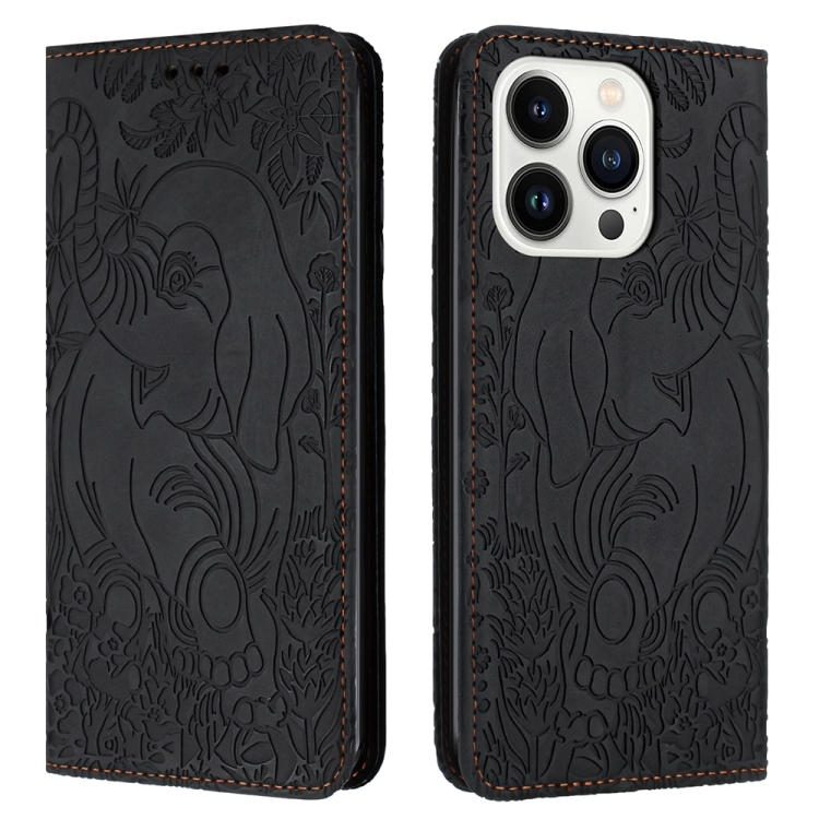 Pour iPhone 14 Pro Max Étui de téléphone en cuir gaufré rétro éléphant (noir)