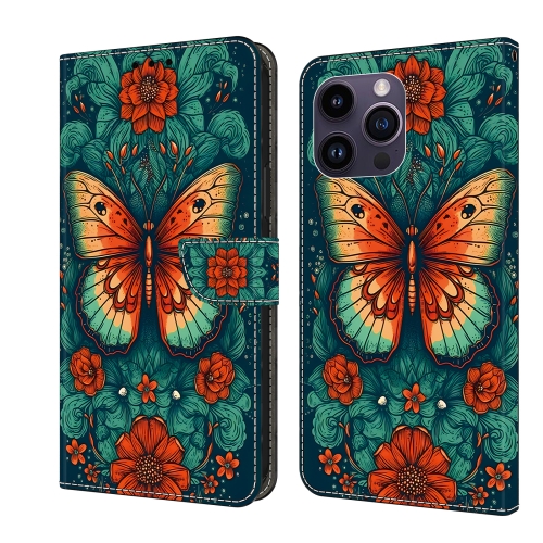 

For iPhone 15 Pro Max Crystal Painted Leather Phone case(Flower Butterfly)