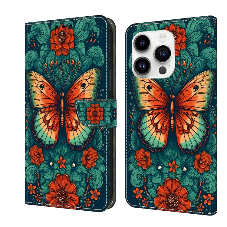 

For iPhone 14 Pro Crystal Painted Leather Phone case(Flower Butterfly)