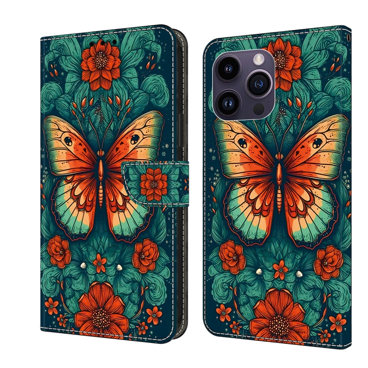 

For iPhone 12 Pro Max/13 Pro Max Crystal Painted Leather Phone case(Flower Butterfly)