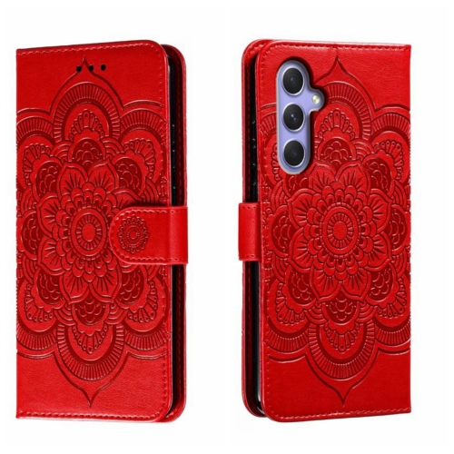 For Samsung Galaxy A55 Sun Mandala Embossing Pattern Phone Leather Case(Red) for samsung galaxy a55 sun mandala embossing pattern phone leather case red