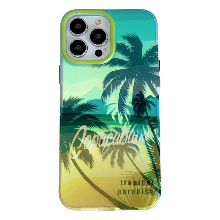 

For iPhone 15 Pro Max Beach Coconut Dual-side Laminating Laser Frosted Phone Case(Green Yellow)