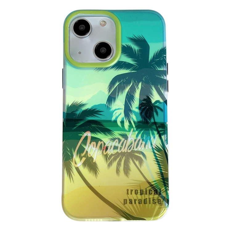 

For iPhone 15 Beach Coconut Dual-side Laminating Laser Frosted Phone Case(Green Yellow)