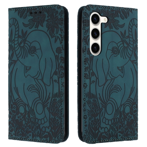 For Samsung Galaxy S23 5G Retro Elephant Embossed Leather Phone Case(Green)
