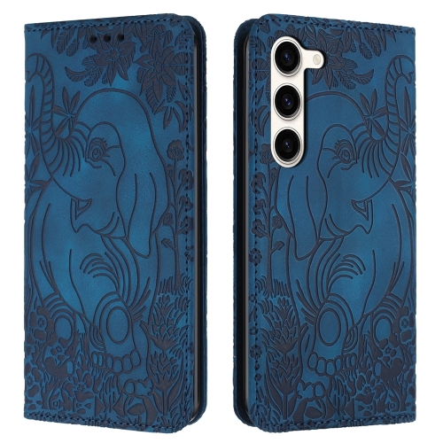 For Samsung Galaxy S23+ 5G Retro Elephant Embossed Leather Phone Case(Blue) autumn new vest retro personality american vest western pioneer waistcoat side buttons design men s artisan sleeveless jacket