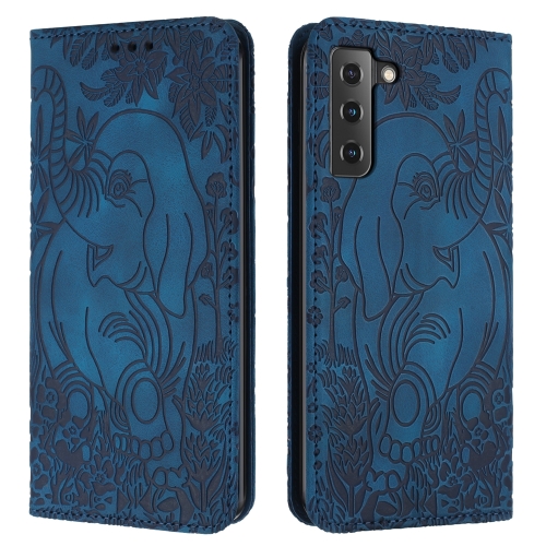 

For Samsung Galaxy S22 5G Retro Elephant Embossed Leather Phone Case(Blue)