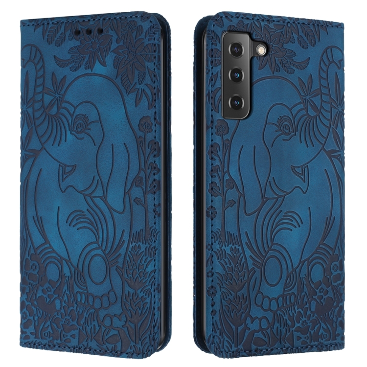 

For Samsung Galaxy S21 5G Retro Elephant Embossed Leather Phone Case(Blue)
