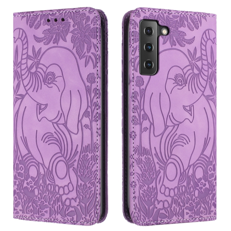 

For Samsung Galaxy S21 5G Retro Elephant Embossed Leather Phone Case(Purple)