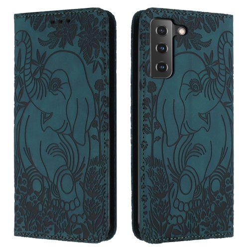For Samsung Galaxy S21 5G Retro Elephant Embossed Leather Phone Case(Green) for samsung galaxy s21 datura flower embossed flip leather phone case dark green