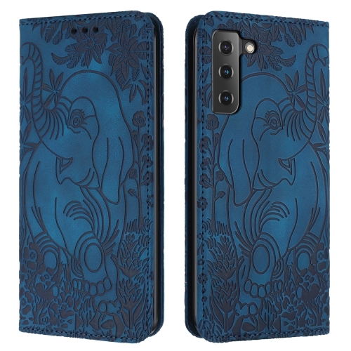 

For Samsung Galaxy S21+ 5G Retro Elephant Embossed Leather Phone Case(Blue)