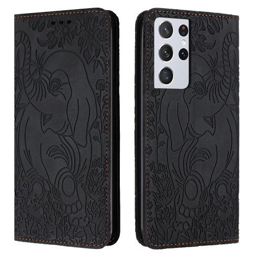 

For Samsung Galaxy S21 Ultra 5G Retro Elephant Embossed Leather Phone Case(Black)