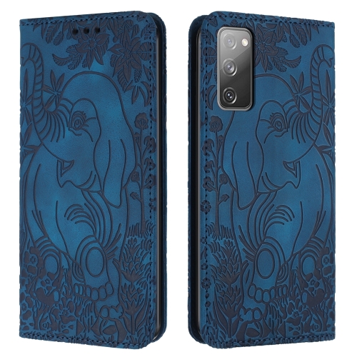 

For Samsung Galaxy S20 FE 5G Retro Elephant Embossed Leather Phone Case(Blue)