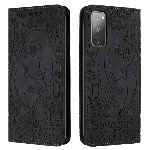 For Samsung Galaxy S20 FE 5G Retro Elephant Embossed Leather Phone Case(Black)