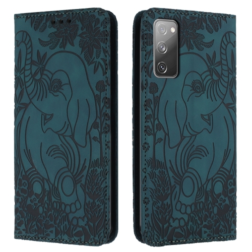 

For Samsung Galaxy S20 FE 5G Retro Elephant Embossed Leather Phone Case(Green)